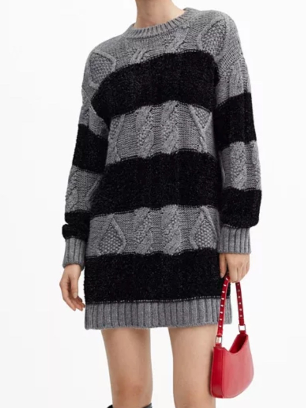 Mango MNG striped oversized sweater dress wool blend knit grey and black